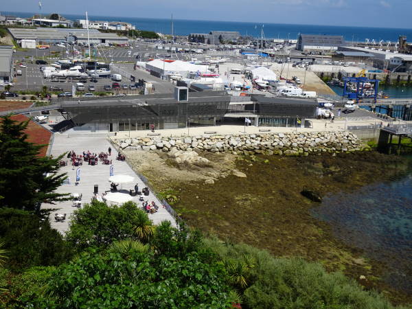 View of the harbour office and commercial area behind. Photo by Colin Le Conte